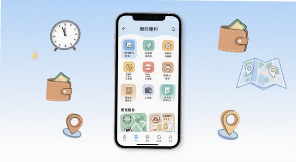 懒时便利应用主界面全貌展示,画面中心为手机屏幕竖屏构图,屏幕内呈现懒时便利的首页功能图标网格与便民服务卡片,背景区域为浅蓝渐变到白色的柔和过渡,周围点缀简约的生活元素插画如时钟、钱包、地图定位图标,整体风格清新现代,适配Boogu模型生成