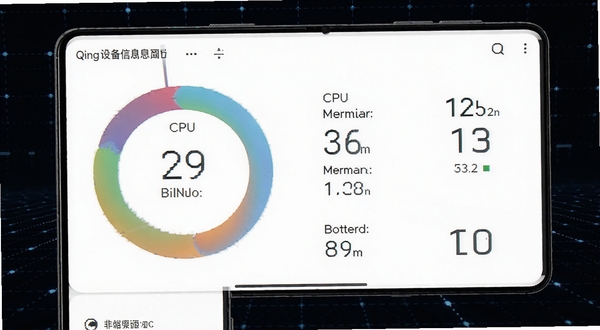 软件Qing设备信息面板界面，画面主体为手机屏幕中显示CPU、内存、电池等数据环形图与数值，背景区域为深色科技感网格，突出数据可视化