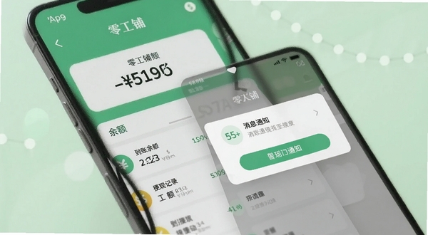 零工铺APP钱包提现界面与消息通知弹窗组合展示,画面突出手机屏幕中余额数字与到账记录列表,背景为柔和的浅绿色调,体现安全便捷的提现体验