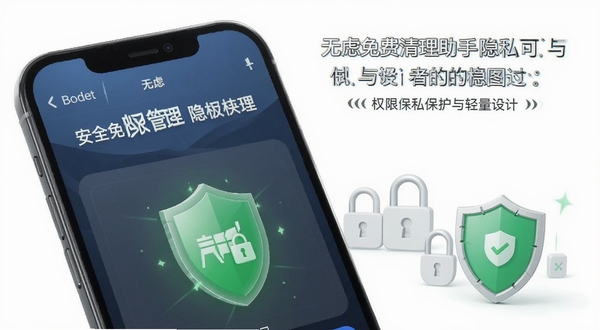 无虑免费清理助手隐私保护与轻量设计概念图,手机屏幕显示权限管理界面和绿色安全盾牌图标,背景为纯净的白色空间,画面中有锁和盾牌元素,强调安全可信赖的产品形象