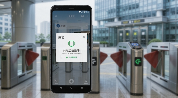 一部安卓手机屏幕显示NFC门禁公交助手软件界面，界面中央有卡片模拟成功提示，背景是地铁闸机和办公大楼门禁场景，画面明亮科技感，主体手机位于画面中央偏左，背景虚化