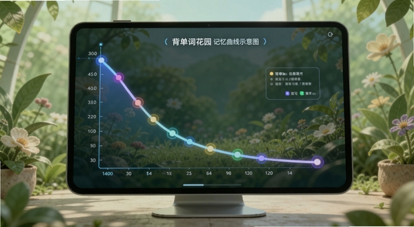 背单词花园 记忆曲线示意图 屏幕上显示一条平滑下降的遗忘曲线和多个彩色圆点标记复习节点 背景是淡绿色花园场景 科技感与自然感结合