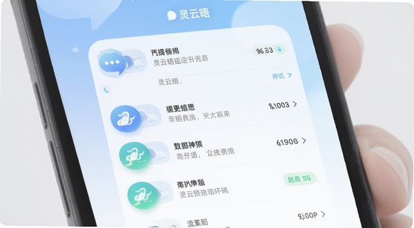 灵云晤应用主界面展示,手机屏幕中央是聊天列表,背景为浅色渐变,图标简洁圆润,整体风格清爽