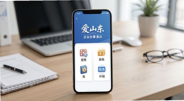 爱山东 企业 办事 政策 直达 界面 手机 展示 营业执照 税务 补贴 图标 背景 为 商务 办公 桌 简约 现代 风格