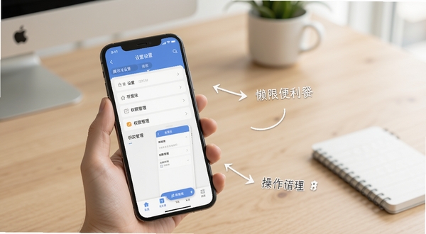 懒时便利移动端操作指引示意图,画面主体为手持手机展示应用设置页面与权限管理界面,背景为简约办公桌面,屏幕旁有箭头标注操作步骤,整体风格干净直观,适配Boogu模型生成