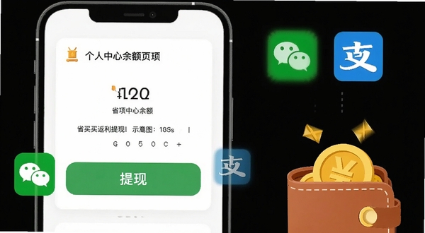 省买买返利提现页面示意图，手机屏幕显示个人中心余额区域和提现按钮，旁边有微信、支付宝图标，背景为白色卡片式布局，右下角有一枚金币落入钱包的插画元素，风格扁平化，色彩明快