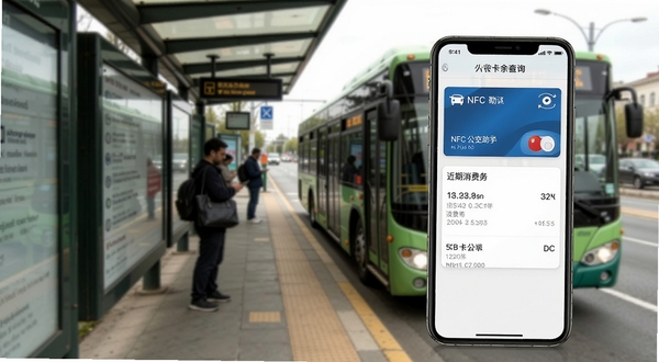 NFC门禁公交助手公交卡余额查询界面，手机屏幕显示公交卡余额和近期消费记录，背景是公交站台和行驶的公交车，画面生活化，主体手机位于画面右侧