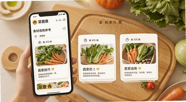 菜查查食材选购参考页面,手机屏幕展示蔬菜挑选技巧卡片与图文说明,背景为木质砧板与新鲜食材,色调温暖自然,突出菜查查实用内容。