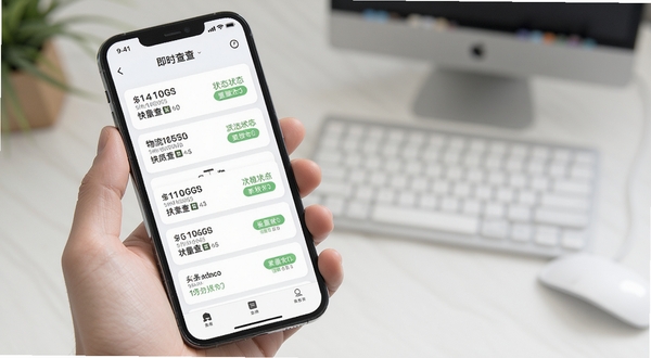 物流快递即时查查 批量查询功能界面 手机屏幕显示多个快递单号列表和状态标签 浅色背景 卡片式布局 清新简洁