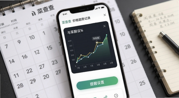 菜查查价格趋势记录功能,手机屏幕显示折线图与提醒设置按钮,背景为日历与记事本元素,风格商务简洁,体现菜查查数据追踪能力。