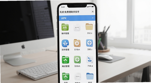 无虑免费清理助手安装包管理界面,手机屏幕显示APK文件列表和文件大小排序,背景为简洁的办公桌面风格,画面中有文件夹和安装包图标,突出文件管理的条理性