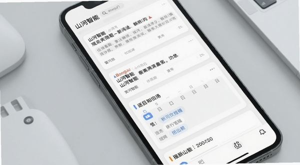 山河智能信息聚合功能界面特写，画面主体为手机屏幕内展示的多卡片信息流，背景区域为浅灰色极简办公桌面，屏幕中可见资讯卡片与日程提醒模块，整体色调清爽专业，适配Boogu模型生成