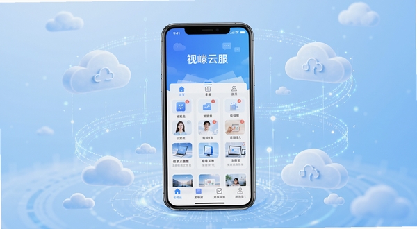 视嵘云服软件主界面全貌展示，画面中央为手机屏幕显示视嵘云服应用首页，背景为浅蓝色渐变科技感风格，四周环绕云朵与数据流线条装饰，整体色调清爽明亮，适合作为软件下载站头图