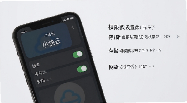 小快云安装权限设置界面示意图，手机屏幕显示应用权限管理页面，背景为柔和的浅灰色，画面清晰展示存储与网络权限开关，包含小快云文字