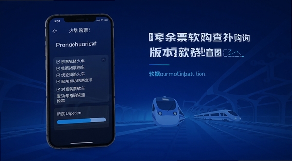 铁路火车余票购票查询软件版本更新示意图,画面为手机屏幕显示更新日志与进度条,背景为深蓝色渐变,风格科技感