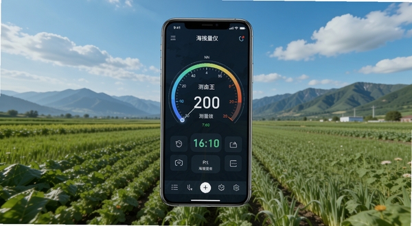 测亩王海拔测量仪软件主界面全貌展示,画面中央为手机屏幕悬浮显示测量数据仪表盘,背景为广阔农田与远山,蓝天白云,科技感与自然融合,高清渲染风格