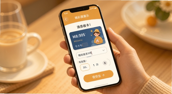 精彩收卡功能展示图，一只手拿着手机，屏幕上显示正在添加一张会员卡，界面有卡号输入框和有效期选择器，整体色调温暖，突出便捷操作感