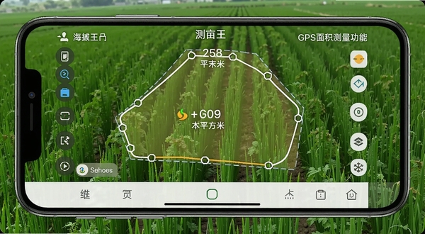 测亩王海拔测量仪GPS面积测量功能界面,手机屏幕显示不规则地块轨迹图,标注有亩数和平方米数据,背景为绿色农田,写实风格