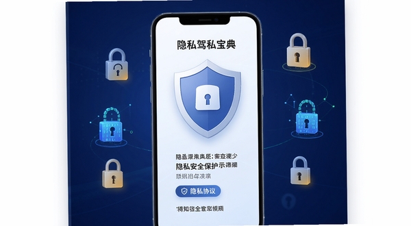 驾考宝典隐私安全保护示意图，手机屏幕显示安全盾牌图标和隐私协议页面，背景为深蓝色渐变，周围有锁形图标和数据加密符号，整体风格稳重可靠，突出信息安全主题