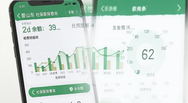 爱山东 社保 医保 查询 界面 手机 展示 缴费 明细 图表 余额 数字 清晰 背景 为 白色 和 绿色 色调 简洁 商务 风格