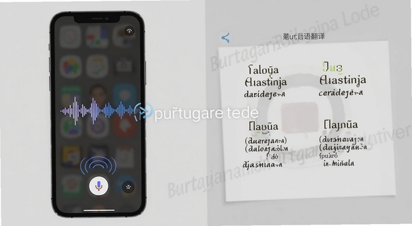 葡萄牙语翻译软件功能展示图，画面采用分屏构图，左侧为手机语音翻译界面，显示按住说话的按钮和声波波纹动效；右侧为翻译结果展示，中葡双语对照排列。背景区域用淡灰色简约风格衬托，画面中可出现软件名称葡萄牙语翻译的标识水印，整体突出语音交互的便捷感。