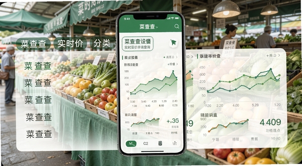 菜查查实时菜价查询功能界面,手机屏幕显示分类标签与价格走势图,背景为农贸市场摊位与新鲜蔬果,画面明亮整洁,突出菜查查数据查询场景。