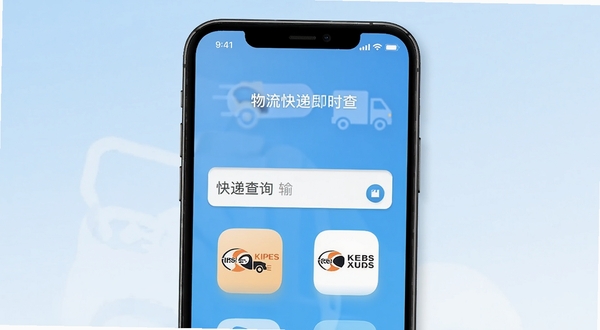 物流快递即时查查 软件主界面 手机屏幕中央显示快递查询输入框和多家快递公司图标 背景为淡蓝色渐变 简洁扁平化风格 高清UI展示图