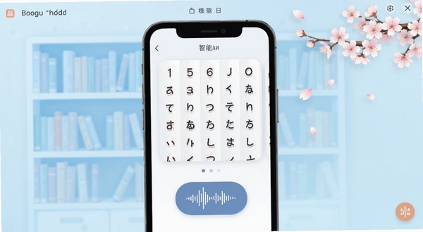 日语智能口语软件主界面全貌，画面中央展示手机屏幕内五十音图学习卡片与语音波形图标，背景区域为浅蓝色渐变书架与樱花飘落元素，整体风格清新明亮，适配Boogu模型生成