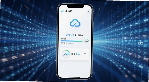 小快云极速上传功能界面，手机屏幕显示上传进度条与分片续传状态，背景为流动的数据光带，体现快速传输的科技氛围，画面中包含小快云标识