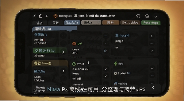 葡萄牙语翻译软件离线短语手册界面截图，画面展示手机屏幕内分类清晰的短语列表，包括问候语、交通出行、餐饮住宿等标签页，背景区域用暖色调柔和光晕衬托，画面中可融入葡萄牙语翻译软件名称标识，突出离线可用与分类整理的产品特点。