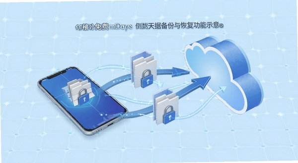 免费mDays倒数天数据备份与恢复功能示意图，画面展示手机与云朵之间的数据箭头，文件图标带有锁形标志，背景为淡蓝色科技感网格
