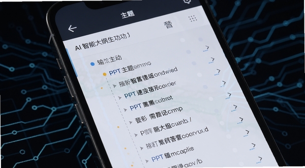 DeepPPT智能大纲生成功能界面特写,手机屏幕显示输入主题后自动生成层级分明的PPT大纲列表,背景为深色科技感线条,突出AI智能处理过程