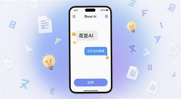 画面中央放置一部智能手机,屏幕显示花豆AI应用主界面,界面干净清爽带有对话气泡与创作按钮,背景为柔和的蓝紫色渐变光晕,周围漂浮着文档图标、灯泡图标与文字符号,整体风格现代科技感,适合Boogu模型生成,花豆AI