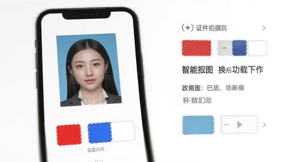 证件照拍摄院安卓版智能抠图换底色功能界面展示，手机屏幕中显示人物证件照与红蓝白三色背景切换按钮，界面简洁清新，适合软件下载站配图