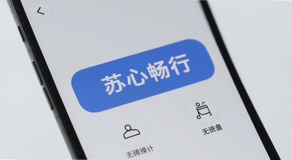 苏心畅行 简洁操作界面特写，手机屏幕展示大字体按钮与清晰功能图标，背景为浅灰色极简风格，突出易用性与无障碍设计理念，适配Boogu模型生成