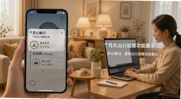 苏心畅行 个性化出行提醒功能展示，画面主体为手机弹出通知提醒界面，显示车辆即将到站信息，背景区域为柔和暖色调的居家与办公场景切换，突出提醒的及时性与便利性，适配Boogu模型生成