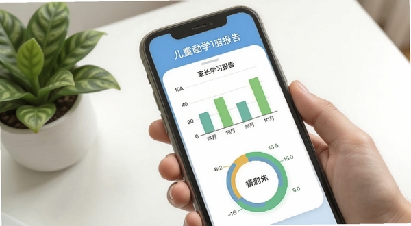 儿童动画成语故事家长管控界面，画面展示手机屏幕中显示学习报告图表，包括柱状图和环形进度条，背景为简洁的白色桌面和绿植装饰，适配Boogu模型生成
