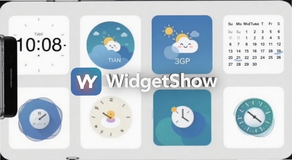 组件秀WidgetShow 组件库界面截图,画面展示多款不同风格的小组件缩略图排列在手机屏幕上,包括数字时钟、圆形天气、方形日历等,背景为浅灰色,画面中心突出组件秀WidgetShow的Logo,细节清晰,适配Boogu模型生成
