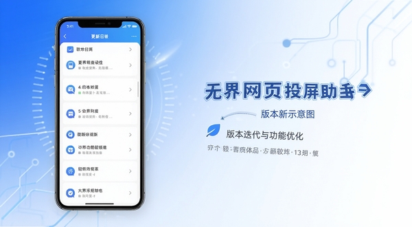 无界网页投屏助手版本更新示意图,画面展示手机界面中软件更新日志列表,背景为简洁的蓝白渐变科技风格,突出版本迭代与功能优化细节