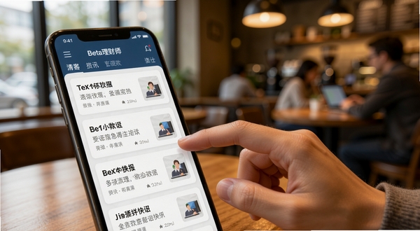 Beta理财师资讯推送界面，手机屏幕显示财经快讯卡片流，画面中有一只手正在滑动屏幕，背景为暖色调咖啡厅环境，传递轻松获取资讯的场景感