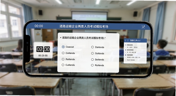 道路运输企业两类人员考试模拟考场界面,手机横屏显示倒计时和答题卡,屏幕中央为单选题题干和四个选项,背景为虚化的考场教室场景,光线均匀,突出考试的严肃感和专注氛围