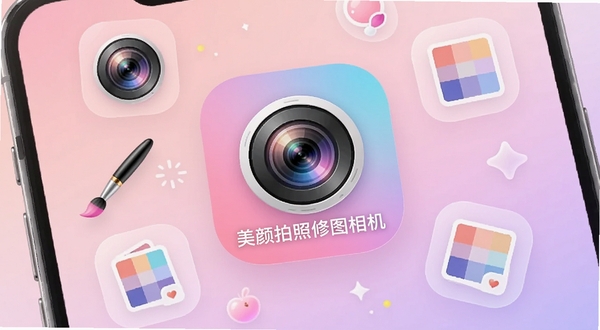 一款名为美颜拍照修图相机的手机应用图标悬浮在画面中央，背景是柔和的渐变粉色与浅紫色调，周围环绕着相机镜头、美颜笔刷、滤镜色卡等半透明图标元素，整体风格清新时尚，适配手机屏幕展示场景