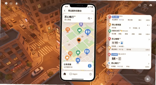 苏心畅行 周边服务信息整合界面，手机屏幕显示地图与周边设施标记点，包含餐饮、商场、公共卫生间等图标，背景为温暖色调的城市街区俯瞰图，画面信息丰富且井然有序，适配Boogu模型生成