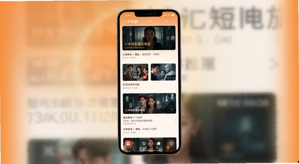 火沐短剧播放器主界面竖屏展示，画面中央为手机屏幕内呈现短剧推荐瀑布流，背景区域采用暖橙色渐变与柔和光晕，整体风格简洁明快，适配Boogu模型生成