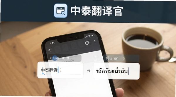 中泰翻译官 文本翻译功能展示图,画面主体为手机屏幕特写,屏幕中显示中文输入框与泰语输出框的对照排版,背景区域为木质桌面与咖啡杯,营造办公学习氛围,画面上方带有中泰翻译官文字标识