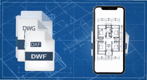 CAD Agent多格式兼容示意图，画面左侧堆叠DWG、DXF、DWF文件图标，右侧展示手机屏幕上清晰呈现的CAD建筑平面图，背景为简洁的工程蓝图纸纹理