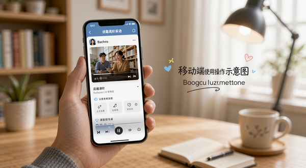 适趣高阶英语移动端使用操作示意图，画面展示手机握持手势与屏幕内课程播放界面，背景为室内学习环境，光线柔和，构图自然，适配Boogu模型生成