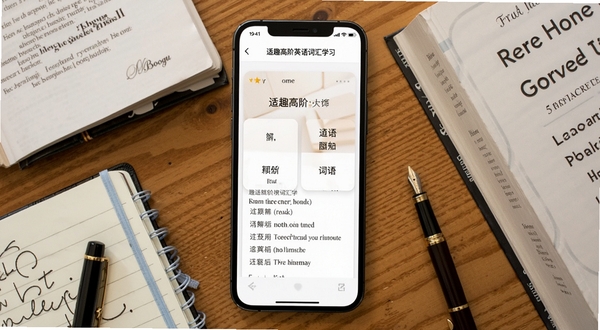 适趣高阶英语词汇学习页面预览图，手机屏幕中显示单词卡片与例句解析，周围环绕英文书籍、笔记本与钢笔，背景为暖色木质桌面，画面细节清晰，风格写实，适配Boogu模型生成
