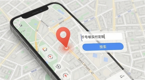 手机号免费实时定位功能演示图，画面展示一部手机屏幕内地图界面，地图上有一个醒目的定位标记点，旁边有手机号码输入框与搜索按钮，背景为城市街道地图纹理，整体风格简洁现代，突出号码关联定位的便捷性