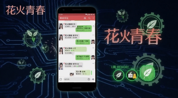 花火青春在安卓手机上的性能优化示意图,手机屏幕显示流畅的聊天列表和低内存占用标识,背景是科技感线条与绿色节能图标,画面包含花火青春文字